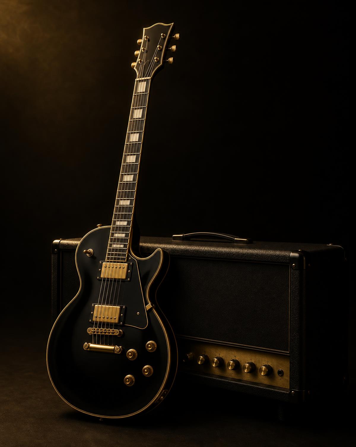 Unbranded black single-cut electric guitar with gold hardware beside an amplifier head