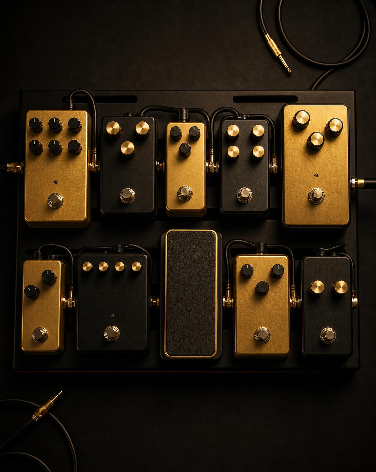 Overhead view of an unbranded pedalboard with gold-accented effects pedals
